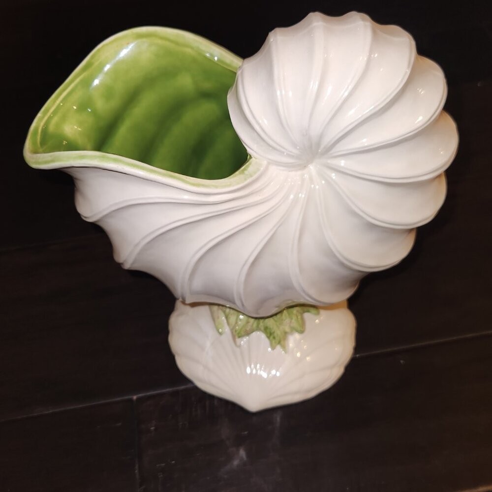 Share Signed J. Addison 1984 Art Pottery Nautilus Shell Planter White & Avocado
